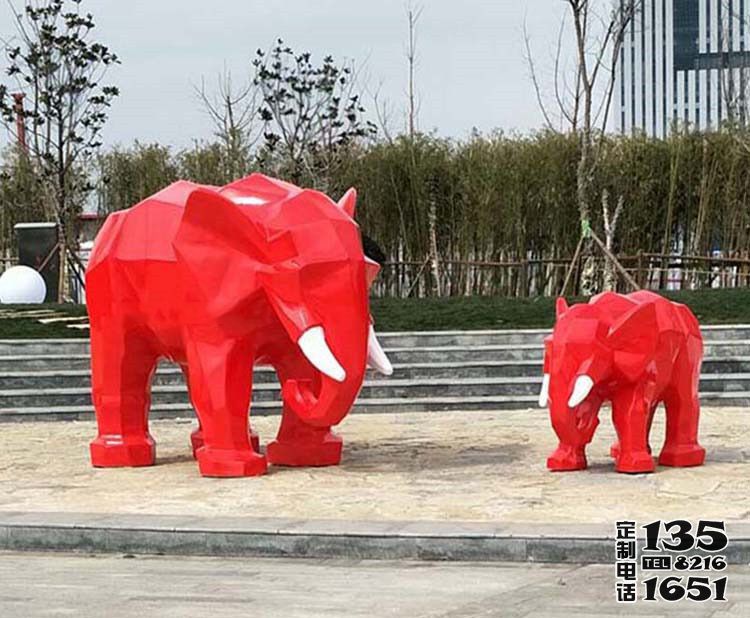 公園景區(qū)大象玻璃鋼彩繪紅色幾何大象雕塑